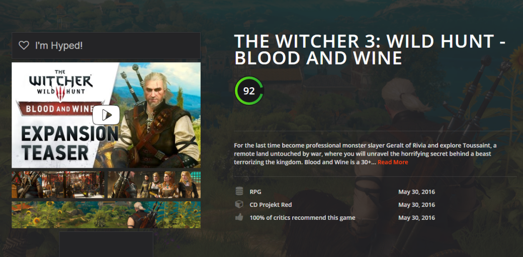 Пей до дна! Критики хвалят дополнение Blood and Wine для Witcher 3 - Изображение 1 Пей до дна! Критики хвалят дополнение Blood and Wine для Witcher 3 - Изображение 1